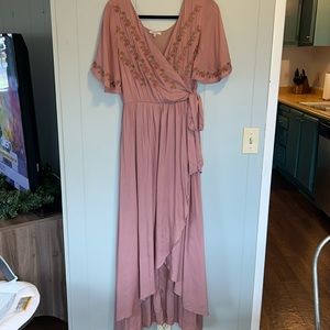Mauve Wrap Midi Dress with Floral Embroidery